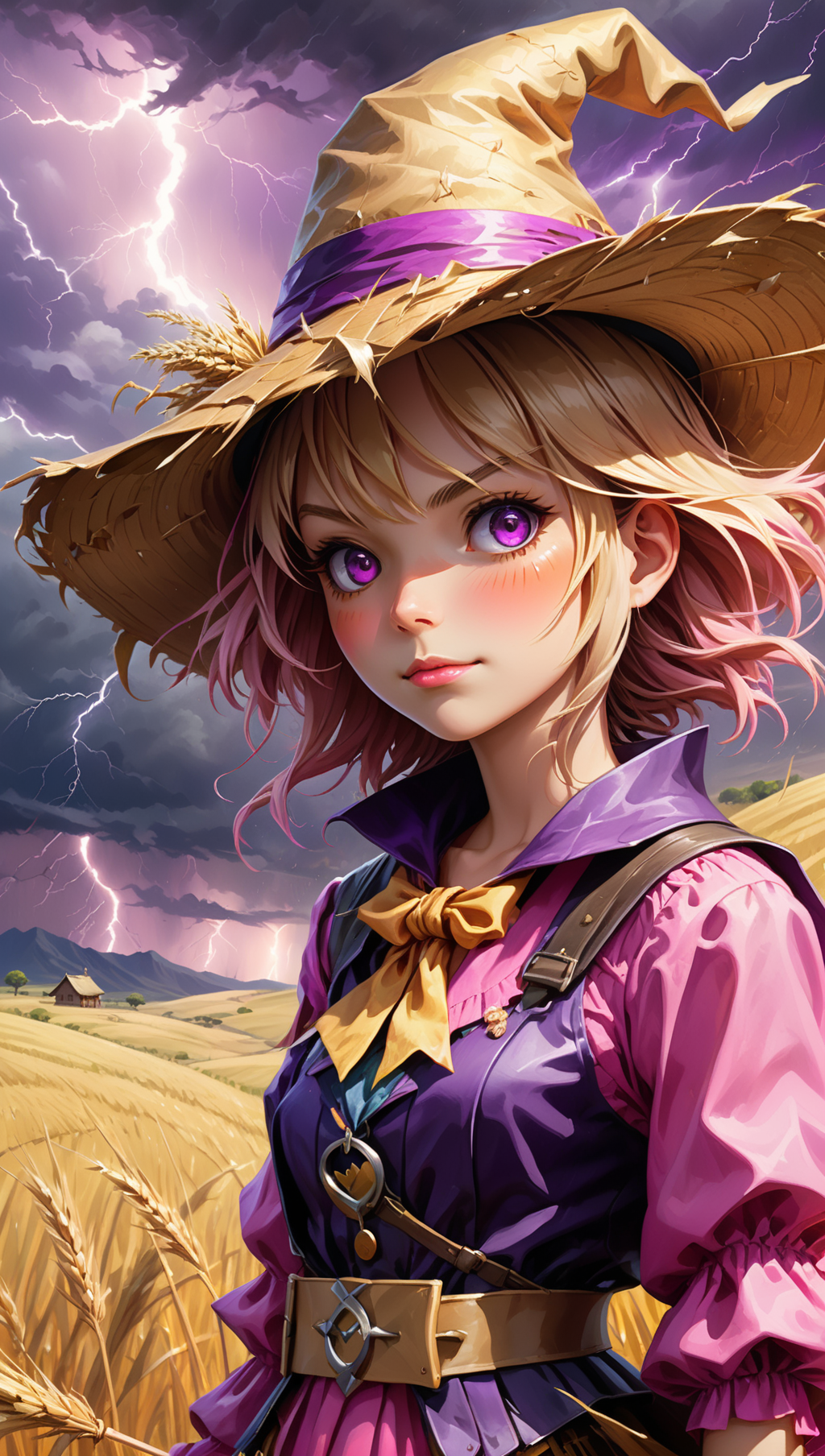 02305-2282794809-A Card Art. Close Up shot, oil painting , ultra detailed illustration of Scarecrow girl, pink and purple clothes, straw hat, bac.png